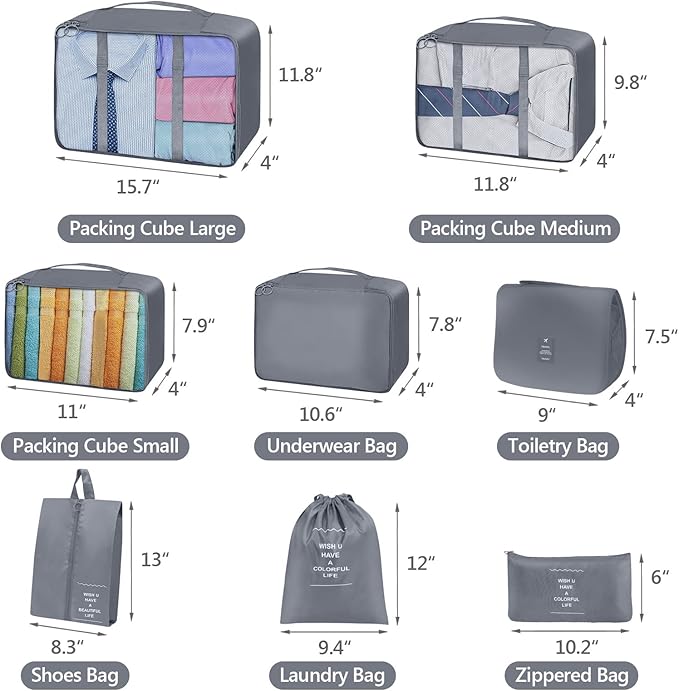 8 Set Packing Cubes, Travel Luggage Packing Organizers (GREY)