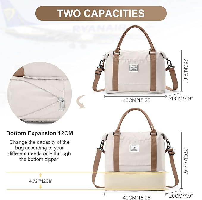 Travel Duffel Bag, 18x14x8 Inches Travel Bag Spirit with Shoes Compartment, Weekender Overnight Bag for Women with Trolley Sleeve, Carry On Bag for Airplanes Sport Tote Gym Bag(Beigebrown).