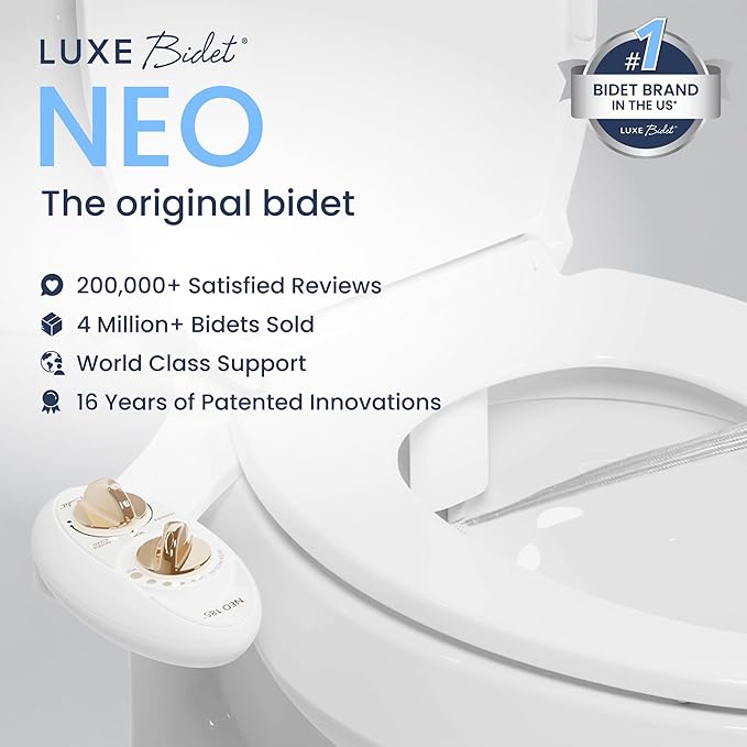 LUXE Bidet NEO 185 - Dual Nozzle, Self-Cleaning, Non-Electric Bidet Attachment for Toilet Seat, Adjustable Water Pressure, Rear & Feminine Wash (Gold)