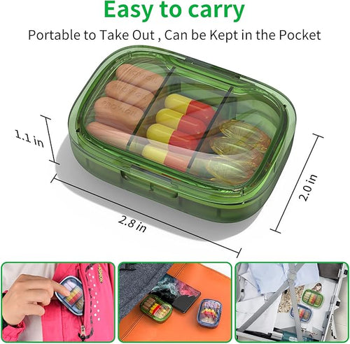 2 Pack 3 Compartment Small Pill Box, Moisture Proof Case, Travel Organizer for Pocket Purse, Daily Portable Medicine Vitamin Container, Fish Oil and Supplement Storage