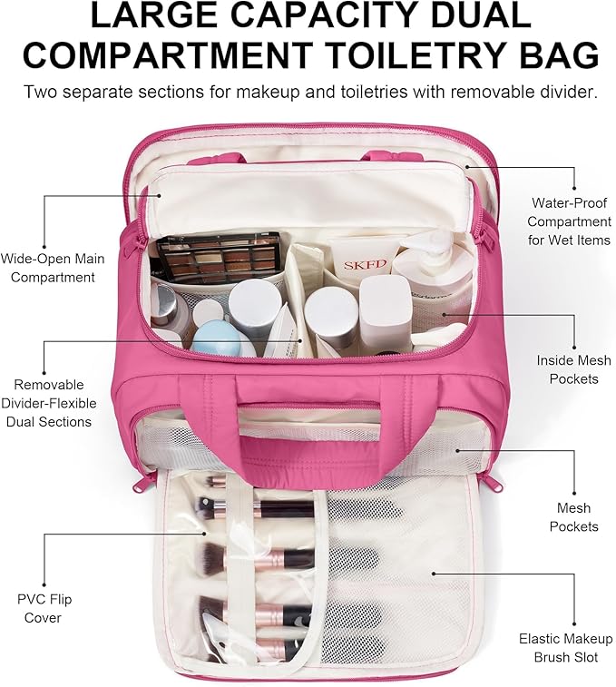 Bagstellar Travel Toiletry Bag for Women, Lightweight Large Quilted Puffy Makeup Bag Wide-open Make up Organizer Cloud Cosmetic Bag w/Handle for Traveling, Toiletries Essentials Accessories Rose Pink
