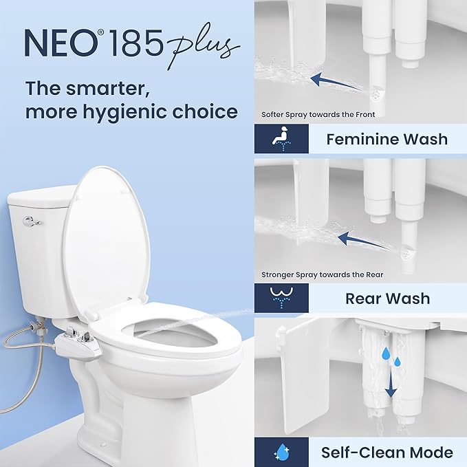 LUXE Bidet NEO 185 Plus - Dual Nozzle, Non-Electric Bidet Attachment for Toilet Seat, Patented Slide-In Install, 360° Self-Clean, EZ-Lift to Clean, Feminine & Rear Wash (White)
