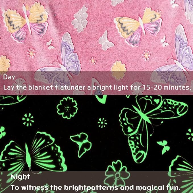 Wajade Glow in The Dark Butterfly Blanket for Girls, Soft Cozy Flannel Kids Throw Blanket for Boys and Girls, Cute Kids Blanket for Sofa Couch Bed, Christmas Birthday Gift 50"x60"