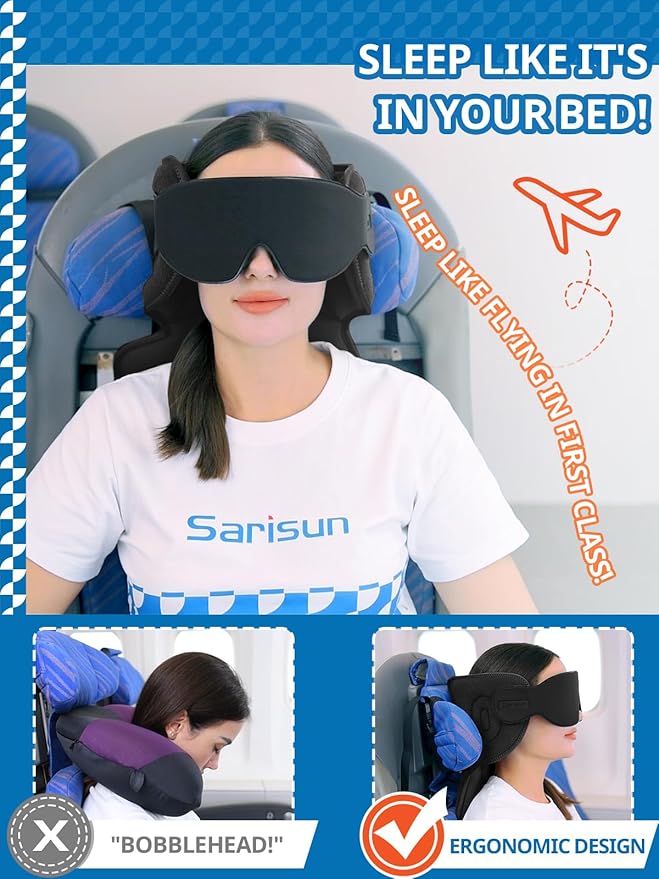 SARISUN Travel Pillows for Airplanes, Airplane Pillow with Sleep Eye Mask, 360° Support Headrest, Travel Essentials, Adjustable Airplane Head Strap for with/Out Headrest Seat, Brown Red