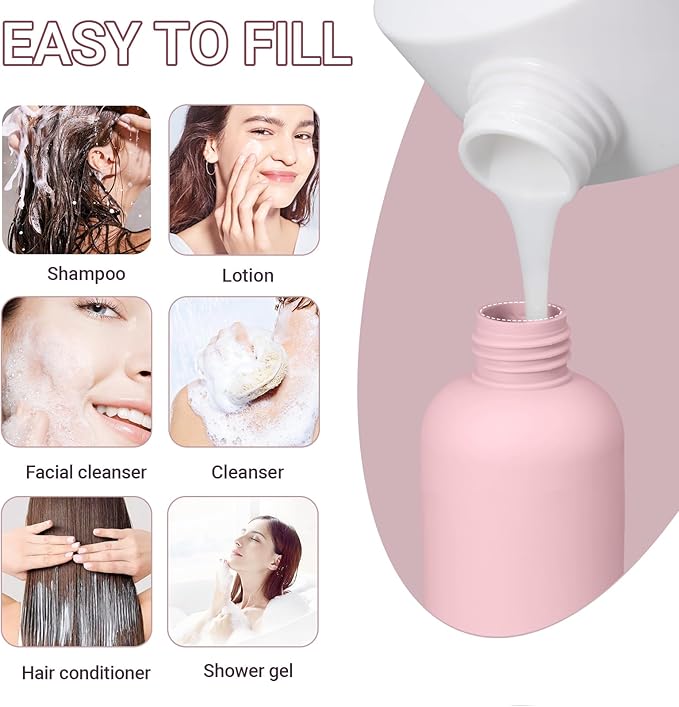 Travel Shampoo Bottle, Empty Plastic Squeeze Bottles 10oz with Flip Cap, Lotion Container for Toiletries Travel Size Shampoo and Conditioner (3 pack pink)