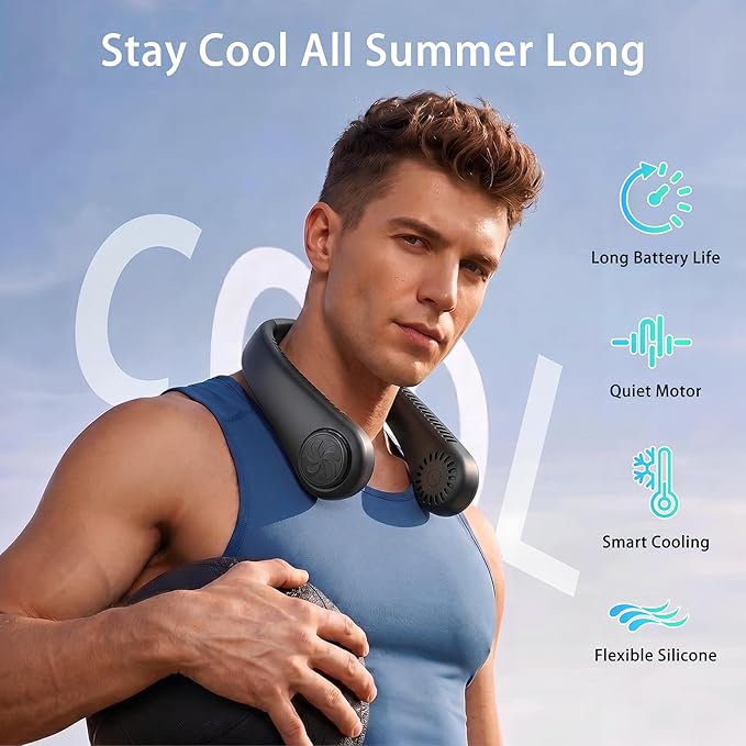 Hands-Free Neck Fan, Personal Portable Fan 3 Speeds, Bladeless Display, Stereo Airflow Personal Cooling Fan for Outdoor, Sports, Travel, Office, Makeup (Black)