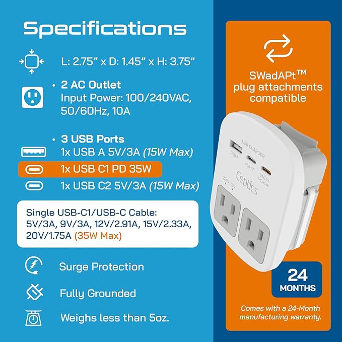 Ceptics Universal Travel Adapter, 35W World Travel Adapter Kit - 2 USA sockets, USB-A, USBC, 1x PD 35W USB-C and USBC Cable, Perfect for Laptops, Cell Phones, Chargers - Surge protection