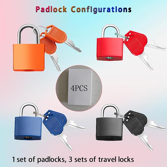 4 Pcs Suitcase Lock Small Luggage Locks with Keys Multi-Color Mini Padlock Plastic-Covered Copper Core Keyed Padlocks for Suitcase Backpack Bag Boxes Drawer Toolbox