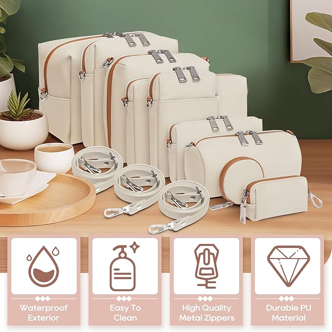 Joyway 10-Piece Travel Makeup Bag Set – Large Capacity Cosmetic Bags for Women & Girls, Waterproof Portable Toiletry Organizer with Adjustable Strap (White)