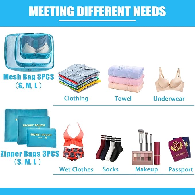 12 Set Packing Cubes for Travel Luggage Packing Bags Reusable Waterproof Suitcase Organizer Bags Set with Shoe Bag and Toiletry Bag (Sky Blue+Navy Blue)