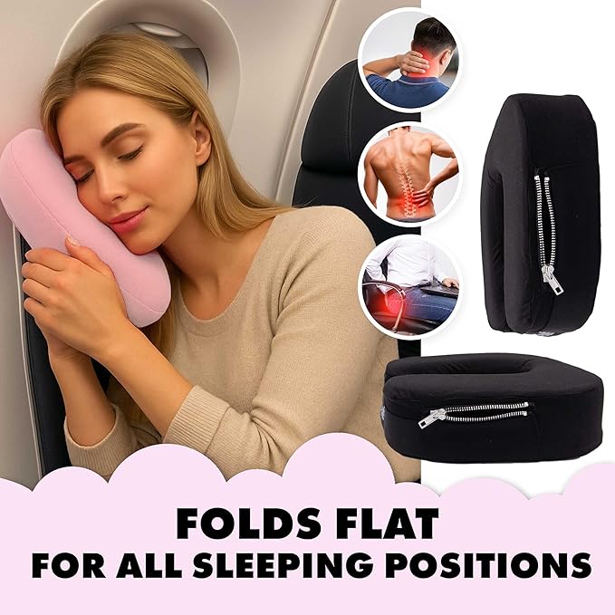 Travel Neck Pillow – Ultra Lightweight & Comfortable Memory Foam with Zipper Storage for Airplane, Car & Home Travel Accessory for Head & Neck with Cooling, Breathable & Washable Fabric – Pink