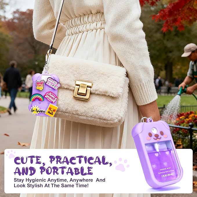Metyond Dog Silicone Case for Touchland Hand Sanitizer Spray Power Mist 1 FL OZ/30ML for Touchland Case with Keychain, with Cute Charms Accessory Cute Travel Case (1PCS Purple)