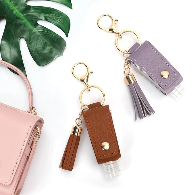 Unaone 1oz/30ml Hand Sanitizer Holder Travel Size, Empty Bottle Leather Sanitizer Holder with Keychain Portable Small Squeeze Bottle Refillable Container for Toiletry Lotion Liquid Soap Shampoo Brown