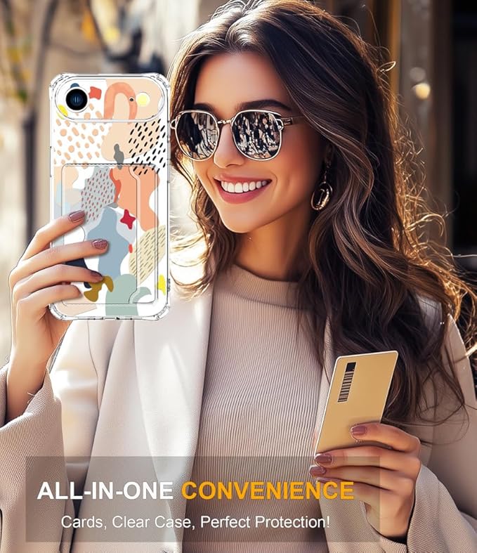 Compatible with iPhone 17 Air Case Card Holder for Women Cute Design,Wallet Phone Cases Transparent Cool Kawaii Protective (Clear Abstract Art)
