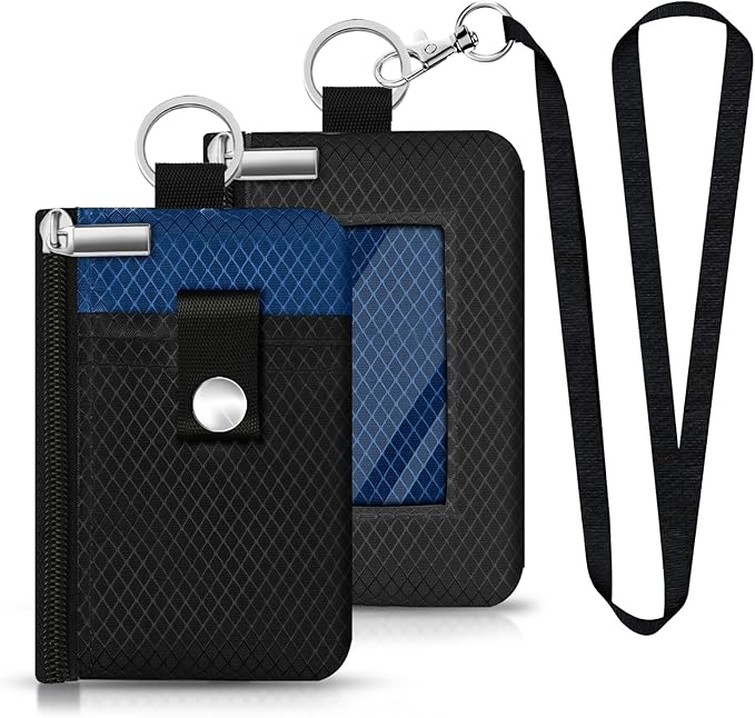 Minimalist RFID Blocking Small Wallet with ID Window,WaterResistant Zip Id Case Wallet with Lanyard Keychain for Cards,Cash,Travel,Women,Men (Black/Electric Blue)