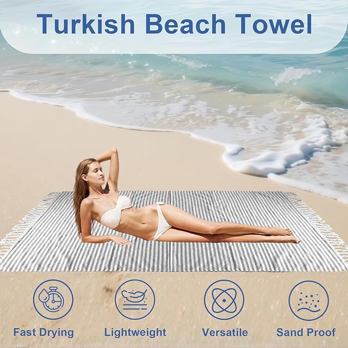 Oversized Turkish Beach Towel Quick Dry Sand Free Boho Blanket Extra Large XL Swim Bath Pool Picnic Accessories Airplane Travel Vacation Essentials Women Mother Birthday Gift Yoga Mat (Grey)