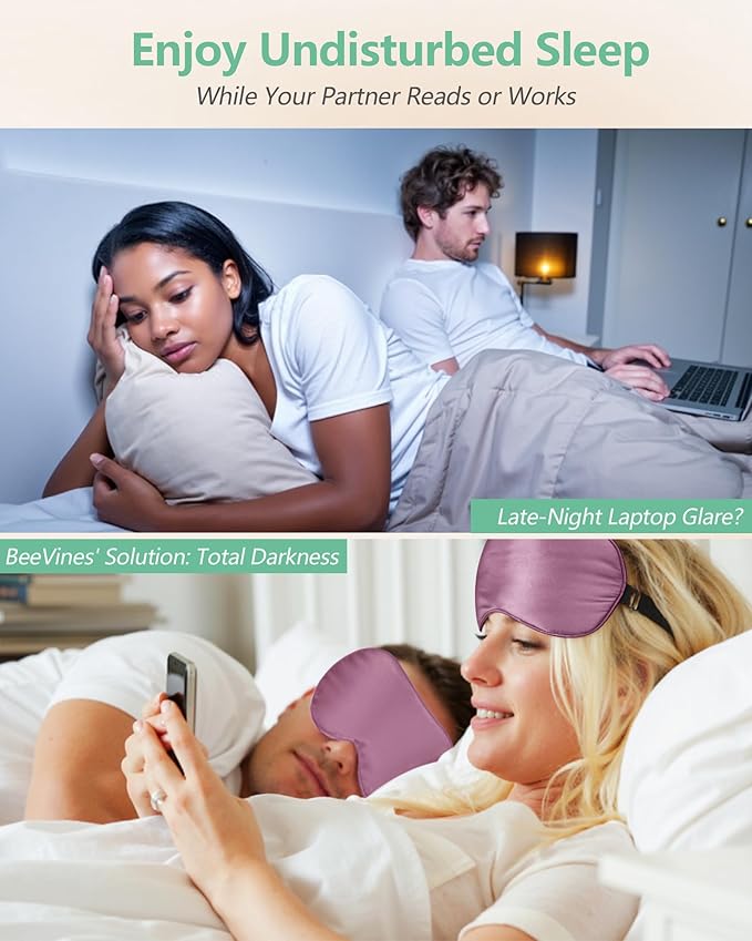 BeeVines Sleep Mask, 4 Packs 100% Real Natural Pure Silk Eye Masks with Adjustable Strap for Sleeping, Mulberry Silk Eye Sleep Shade Cover, Block Light Reduces Puffy Eyes Traveling Gifts(Ruby Purple)