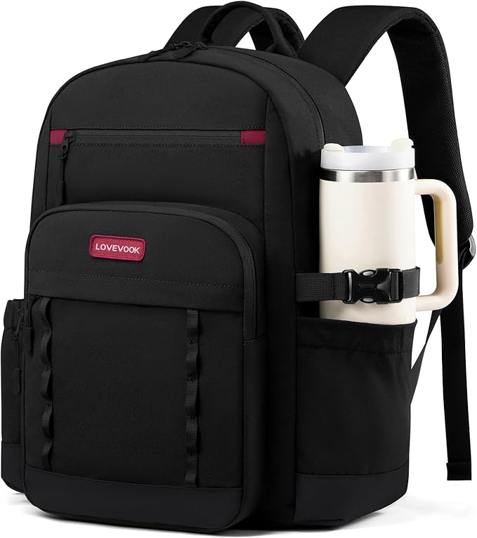 LOVEVOOK Laptop Backpack for Women with Stanley Cup Holder,15.6 Inch DIY Design Travel Work Backpack Computer Laptop Bag,Waterproof Nurse Teacher College Backpack Purse,Gifts for Women Men, Black-Red