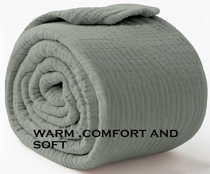 KyraHome Muslin Blankets for Adults, Bed, Couch, 90" x104“ King,100% Organic Cotton Pre-Washed, Breathable Lightweight Gauze Bed Blankets, Bedspread, All Season, Sage Green