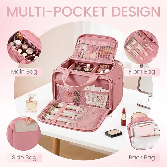 Travel Toiletry Bag for Women,Large Makeup Bag Organizer,Puffy Cosmetic Bag with Wet Dry Separation,Waterproof Toiletries Bag with Trolley Sleeve,Dark Pink