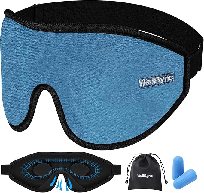 Sleep Eye Mask for Men Women,Zero Pressure 3D Blackout Eye Mask for Sleeping,Eye Covers with Adjustable Strap,Soft Breathable Travel Sleep Mask for Airplane,Includes Ear Plugs(Blue)