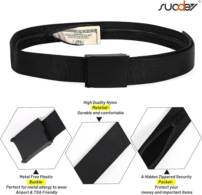SUOSDEY Travel Money Belt, Nylon Hidden Money Pocket Belt with Plastic Buckle