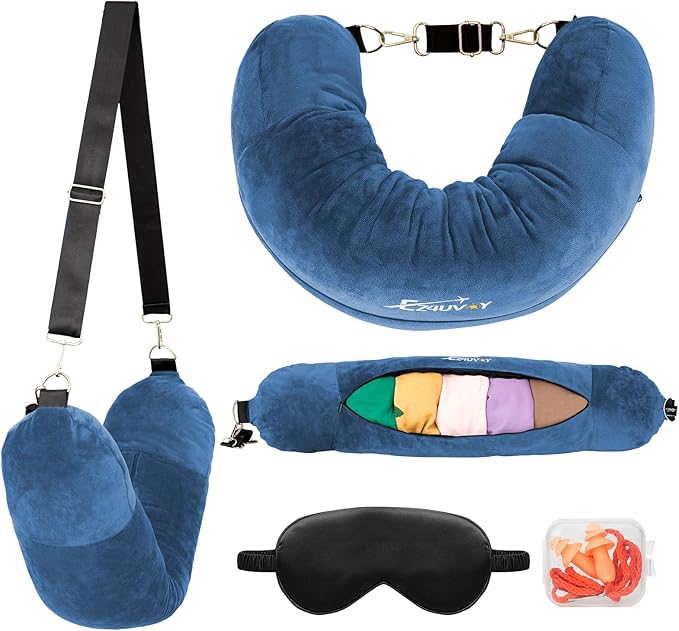Travel Neck Pillow Stuffable with Clothes, Stuffable Neck Pillow for Travel, Packable Fillable Storage Bag for Airplane, Soft Velvet Pillow Case Cover