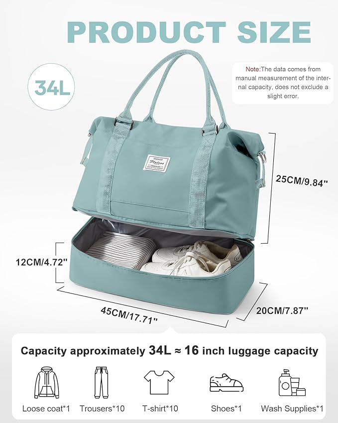 Travel Duffel Bag, 18x14x8 Inches Travel Bag Spirit with Shoes Compartment, Weekender Overnight Bag for Women with Trolley Sleeve, Carry On Bag for Airplanes Sport Tote Gym Bag LightBlue