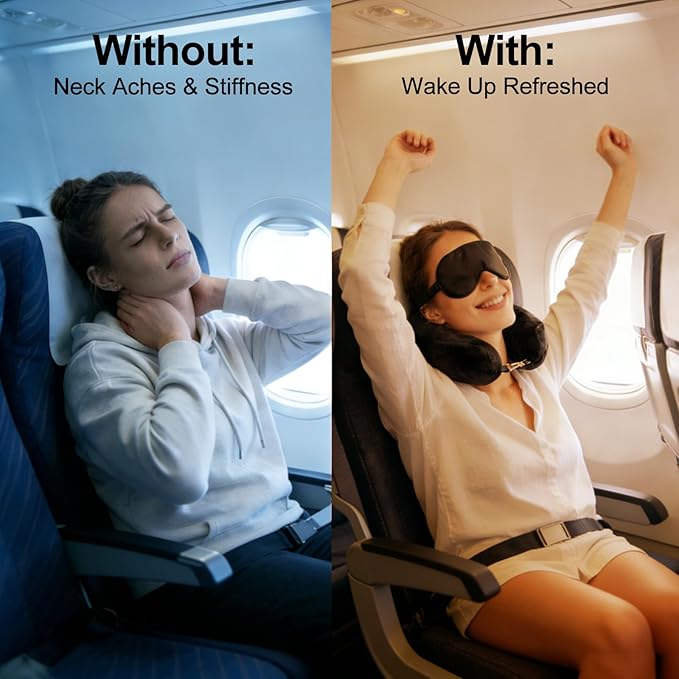 Stuffable Travel Neck Pillow with Light-Blocking Sleep Mask, Fillable Airplane Neck Pillow for Clothes, Soft Velvet Neck Support with Strap