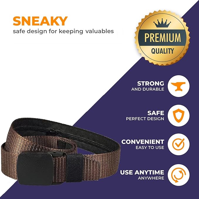 Security Money Belt with Hidden Money Pocket - Nylon Tactical Belt for Men & Women with Nonmetallic Buckle - Security Money Belt for Valuables, Cash, Passport - Cashsafe Anti-Theft Wallet