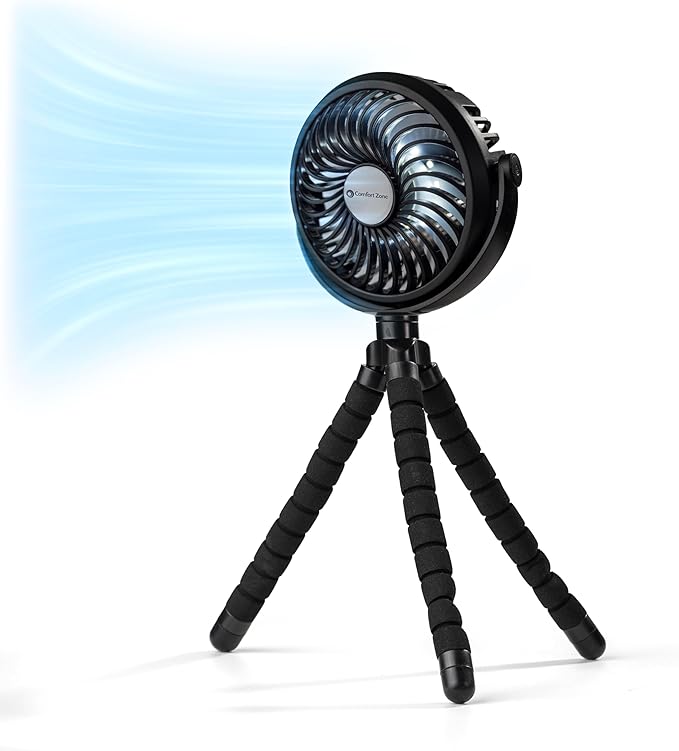 Comfort Zone Portable Stroller Fan – Rechargeable Battery Operated Clip-On Fan with 360° Flexible Tripod & LED Light – 3-Speed Cooling for Car Seats, Cribs, Treadmills & Travel – Black