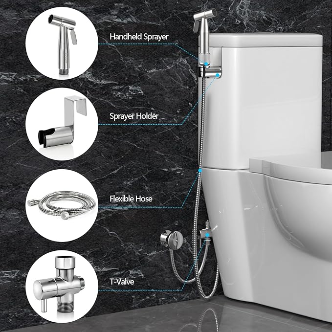 Blissland Bidet Sprayer for Toilet with Adjustable Water Pressure, Handheld Bidet Sprayer Kit- Stainless Steel（Don't‌ Use Teflon Tape for Installation）
