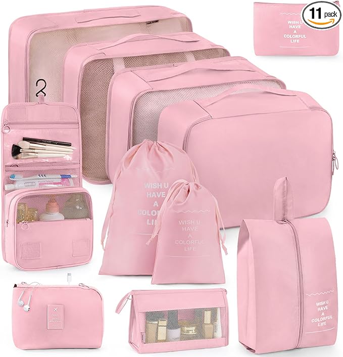 Anjing Packing Cubes for Suitcase 11PCS Luggage Packing Organizers Travel Essentials Luggage Organizer Hooked Toiletry Bag Cosmetic Bag and Shoes Bag, Pink