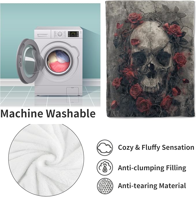 Skull Rose Blanket, Horror Skulls Flannel Throw Blankets,Soft Warm Lightweight Cozy Plush Skull Throws for Bedroom Sofa Office Home Decor Gifts for Adults Men 50"x40"