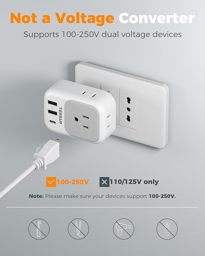 TESSAN Italy Travel Plug Adapter, Type L Adapter for Travel with 4 Outlets 3 USB Ports (1 USB-C), Power Adaptor for US to Italy Chile Rome Uruguay Milan Libya