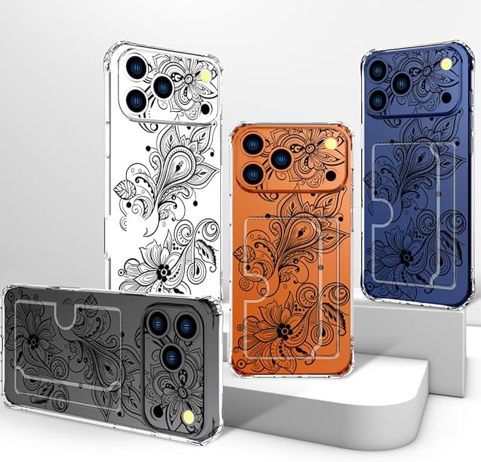 Compatible with iPhone 17 Pro Max Case Card Holder for Women Cute Design,Wallet Phone Cases Transparent Cool Kawaii Protective (Clear Black Henna Flower)
