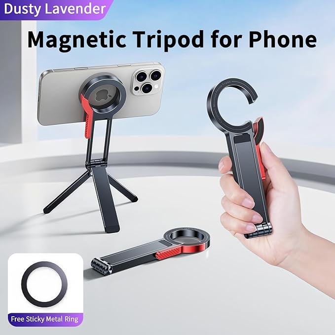 for MagSafe Magnetic Phone Tripod Stand for iPhone & Android Phone, Portable Mini Pocket Tripod Holder, Foldable Aluminum Small Holder with Carabiner Clip for iPhone 16/15/14/13 /12 Series, Black