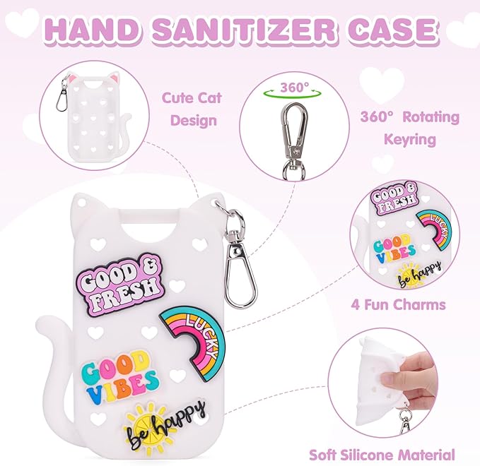 Silicone Case Holder Compatible with Hand Sanitizer Spray Touchland 1 fl oz, Cute Cat Ear Protective Case with Keychain & 4 Decorative Charms (White, 1P)
