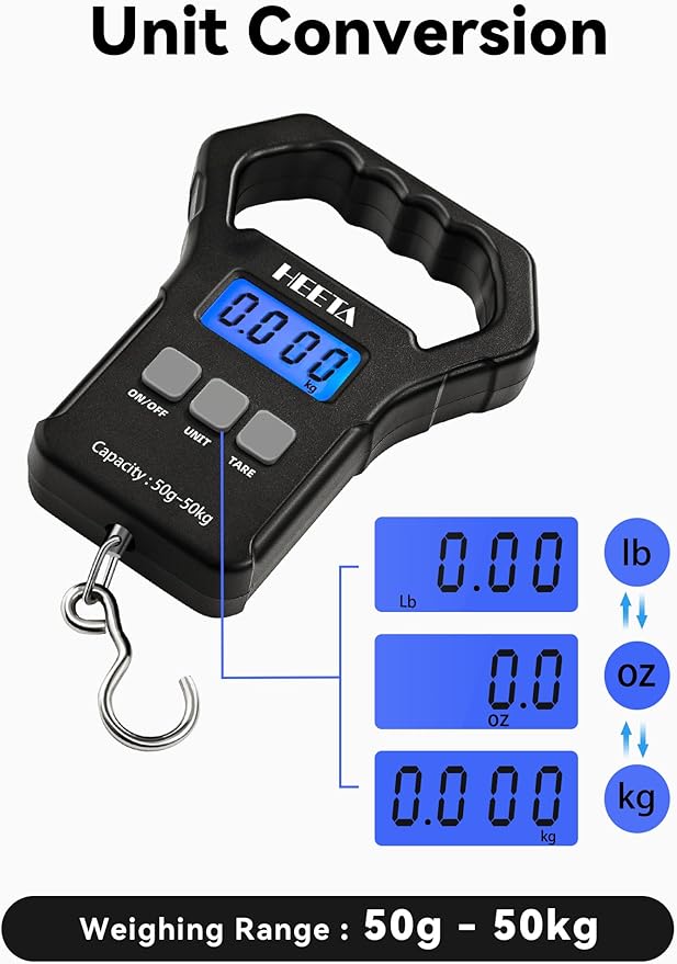 HEETA Fish Scale, 110lb/50kg Digital Portable Hanging Fishing Weight Scale with Backlit LCD Display, Luggage Scale with Hook, Non-Slip Large ABS Handle & 2 AAA Batteries, Fishing Gifts Gear for Men