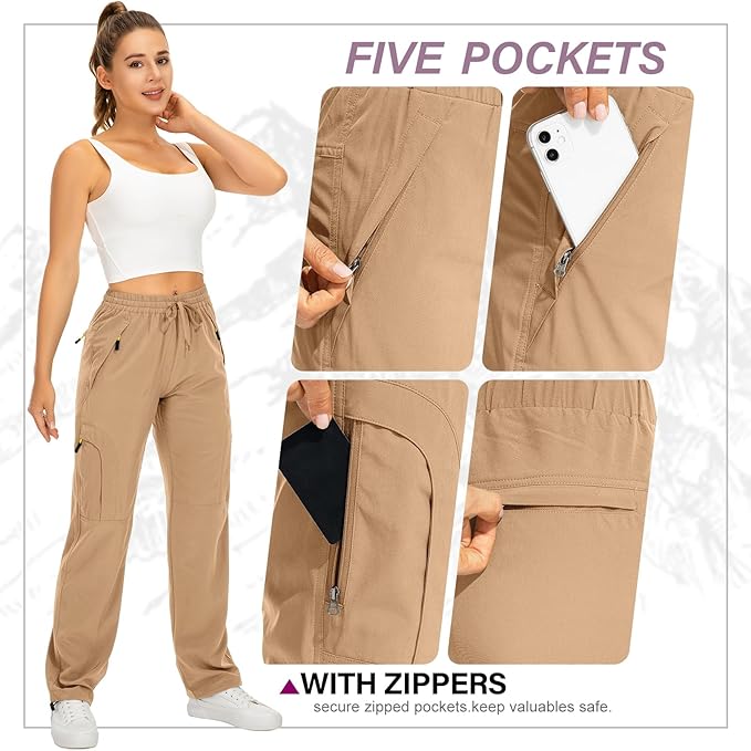 Womens Hiking Pants Quick Dry UPF 50 Lightweight Travel Golf Cargo Safari Pants Zipper Pockets