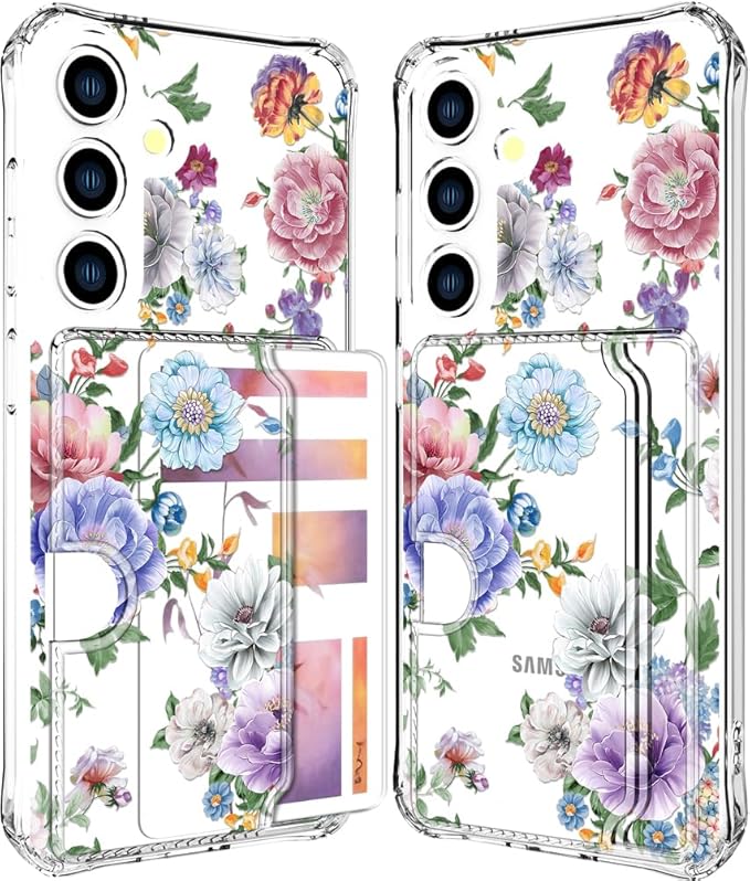 Compatible with Samsung Galaxy S24+ Plus / S25+ Plus Case Card Holder for Women Cute Design,Wallet Phone Cases Transparent Cool Kawaii Protective (Clear Amazing Lovely Flowers)