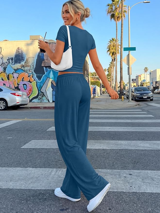 Trendy Queen 2 Piece Matching Summer Lounge Set Womens Side Ruching Top Wide Leg Pants Sets with Pockets