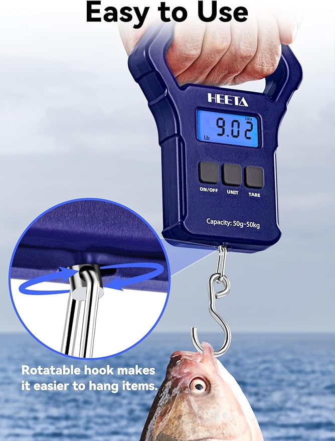 HEETA Fish Scale, 110lb/50kg Digital Portable Hanging Fishing Weight Scale with Backlit LCD Display, Luggage Scale with Hook, Non-Slip Large ABS Handle & 2 AAA Batteries, Fishing Gifts Gear for Men