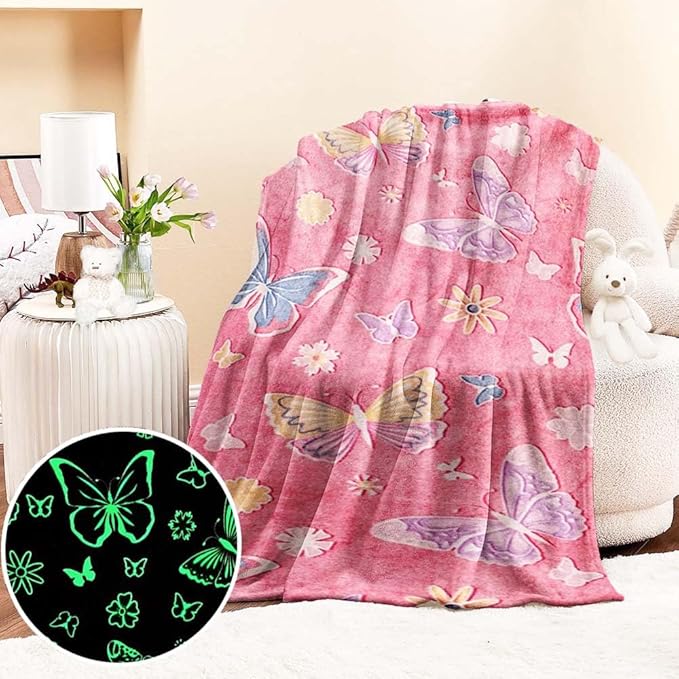 Wajade Glow in The Dark Butterfly Blanket for Girls, Soft Cozy Flannel Kids Throw Blanket for Boys and Girls, Cute Kids Blanket for Sofa Couch Bed, Christmas Birthday Gift 60"x80"