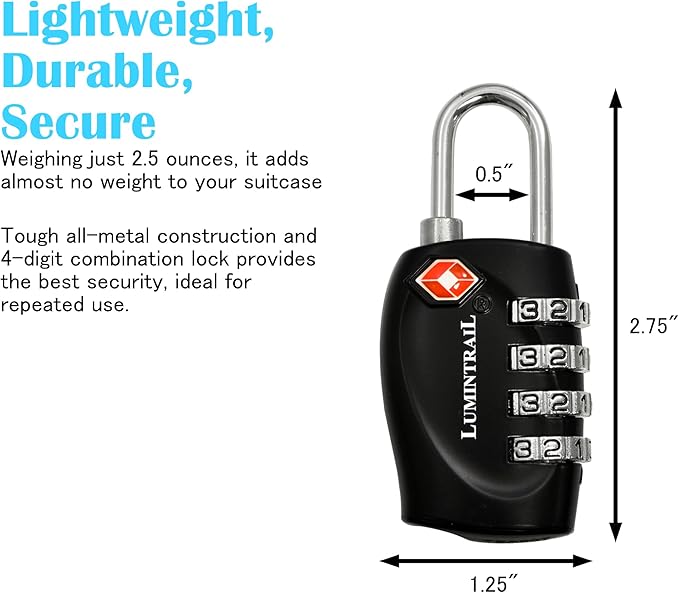 Lumintrail TSA Approved Locks, 4 Digit Combination Luggage Locks TSA Approved, Travel Locks for Luggage & Suitcase with 4-FT Steel Cable, Black, 4 Pack