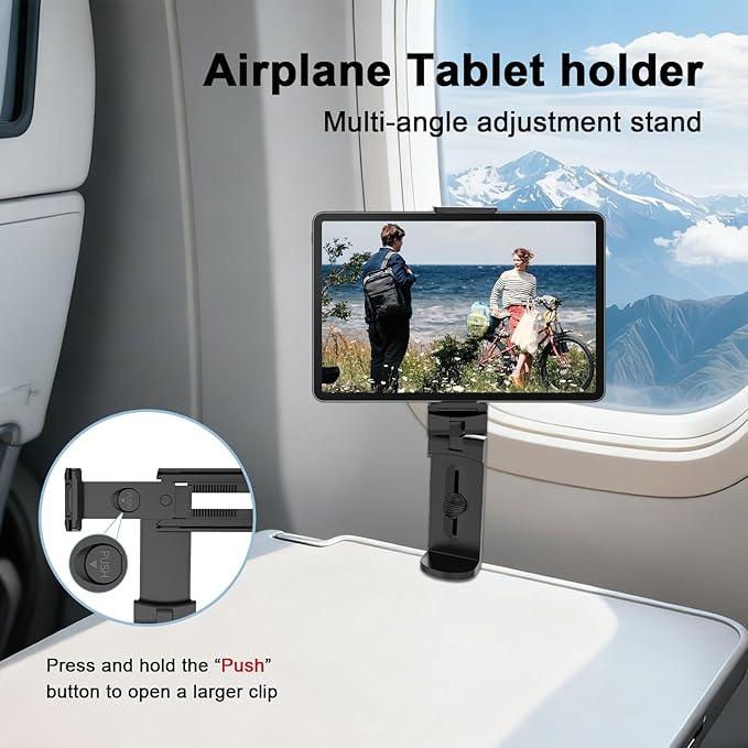 Airplane Tablet Holder Mount, 360 Degree Rotating Hands-Free Travel Stand, Universal Adjustable Clamp for Flying, Compatible with iPad/Galaxy Tab (Only Fits 7-12" Tablets)