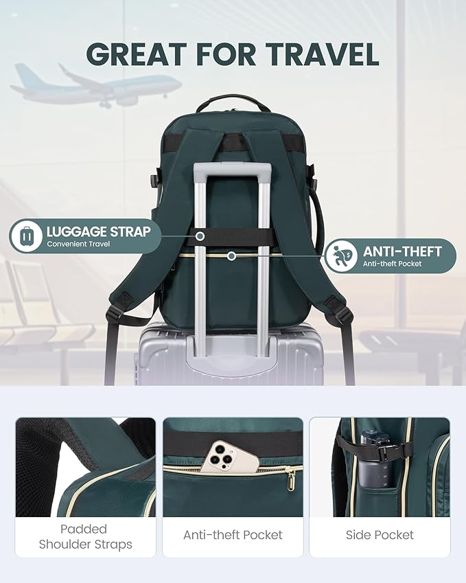 LOVEVOOK Travel Backpack for Women & Men 40L,Airline Approved Carry On Backpack Travel Essentials,TSA Carry on Luggage,Waterproof Personal Item Travel Bag,Suitcase with 3 Packing Cube,Dark green-Black