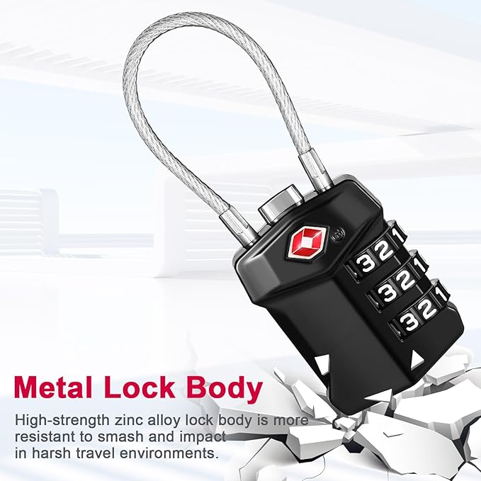 ZHEGE TSA Approved Cable Luggage Lock, Travel Lock, Keyless Padlock with 3 Digit Combination for Suitcase, Backpack, Bag, Toolbox, Gym Locker - Easy to Read & Use for All Ages (Black, 1 Pack)