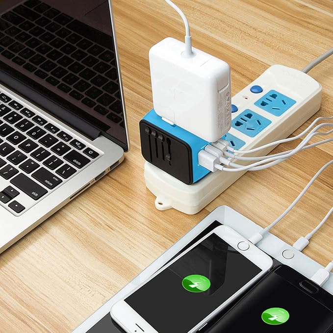 SAUNORCH Travel Adapter Worldwide, Universal International Power Plug Adapter W/2.4A 3xUSB-A and 3.0A Type-C Wall Charger, European Travel Plug Adapter for Europe UK EU US CA AU Italy Asia-Blue