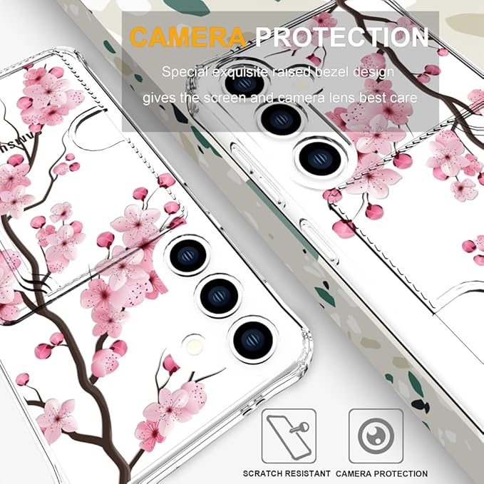Compatible with Samsung Galaxy S24 / S25 Case Card Holder for Women Cute Design,Wallet Phone Cases Transparent Cool Kawaii Protective (Clear Sakura Peach Cherry)